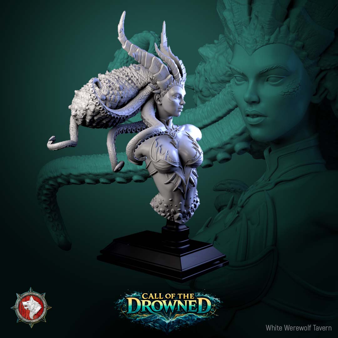 The Drowned Mother Bust, side view of the horned crown and finned bodice