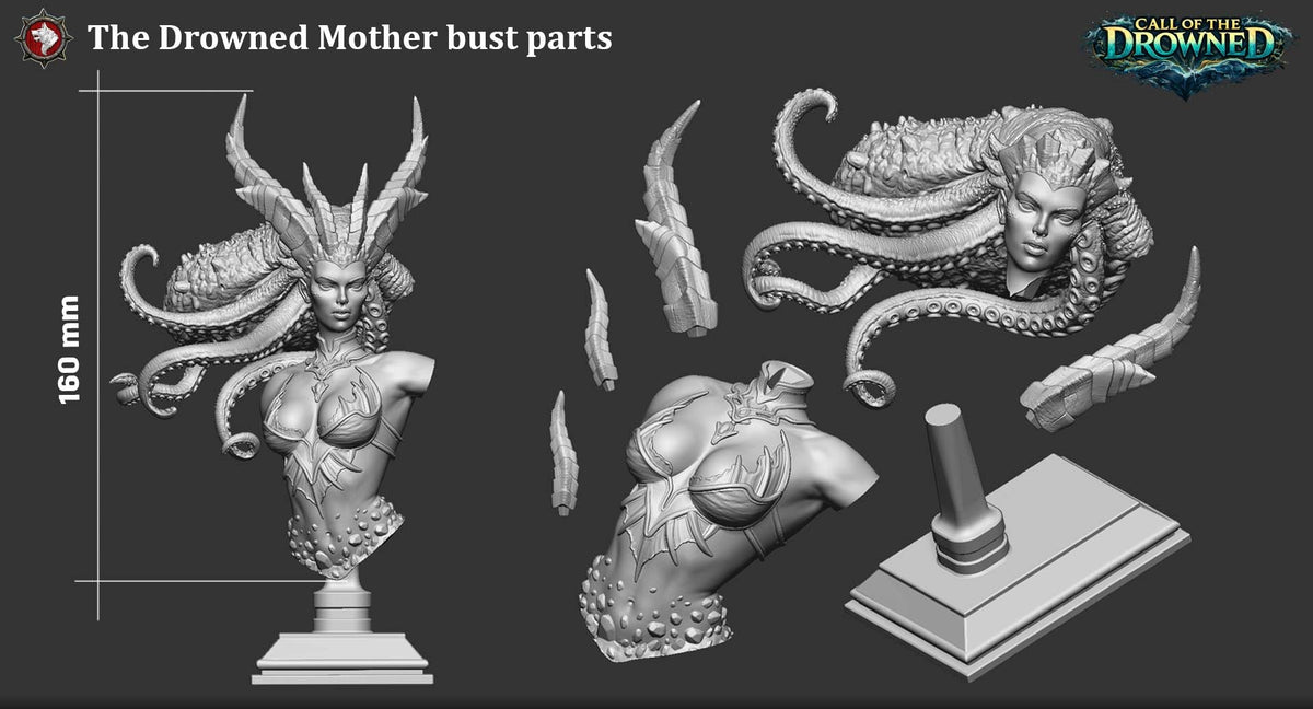 The Drowned Mother Bust parts: bust body, head with hair, four horns and the stand, 160 mm tall assembled