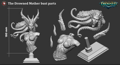 The Drowned Mother Bust parts: bust body, head with hair, four horns and the stand, 160 mm tall assembled