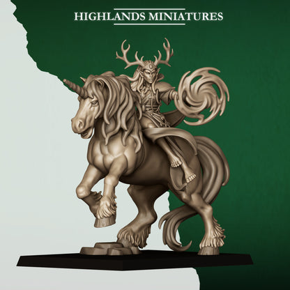 Feral Elf Druid on Unicorn, wood elf mounted spellcaster miniature, 32mm resin by Highlands Miniatures