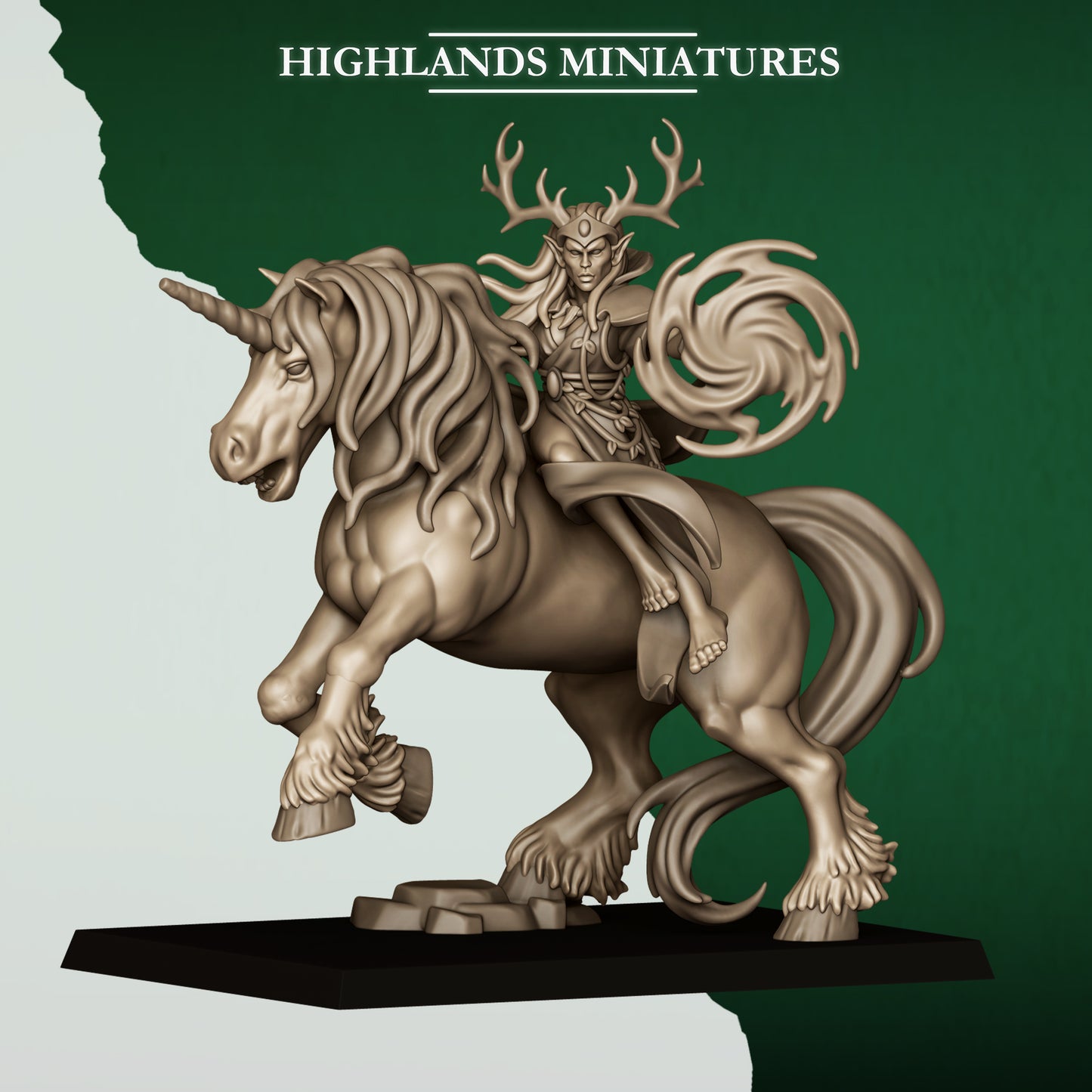 Feral Elf Druid on Unicorn, mounted wood elf spellcaster, side view, 32mm resin by Highlands Miniatures