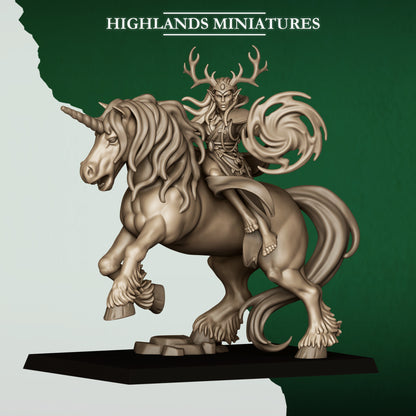 Feral Elf Druid on Unicorn, mounted wood elf spellcaster, side view, 32mm resin by Highlands Miniatures