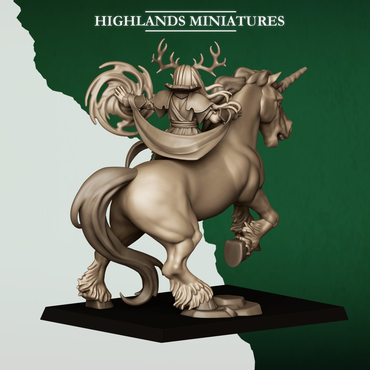 Feral Elf Druid on Unicorn casting nature magic, rear view, 32mm resin miniature by Highlands Miniatures