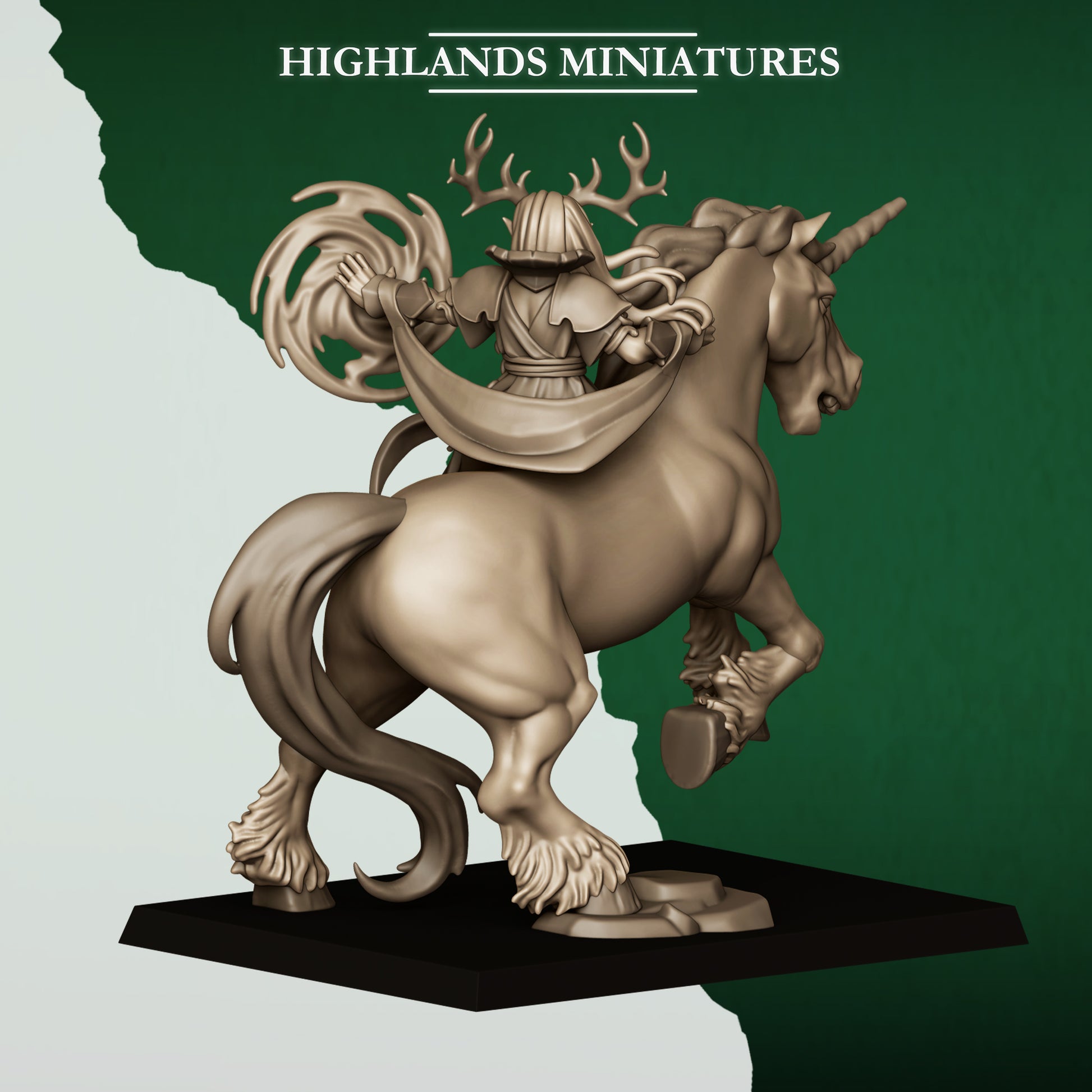 Feral Elf Druid on Unicorn casting nature magic, rear view, 32mm resin miniature by Highlands Miniatures