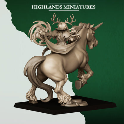 Feral Elf Druid on Unicorn casting nature magic, rear view, 32mm resin miniature by Highlands Miniatures