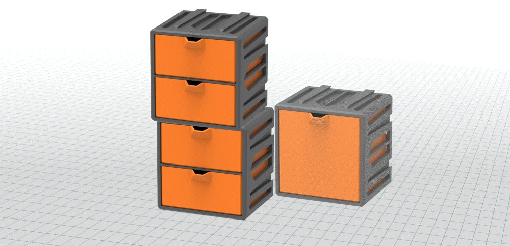 Render of two cubes of 1/2 Height drawers stacked beside a cube with one Full drawer, Plain fronts (Txarli Factory render)