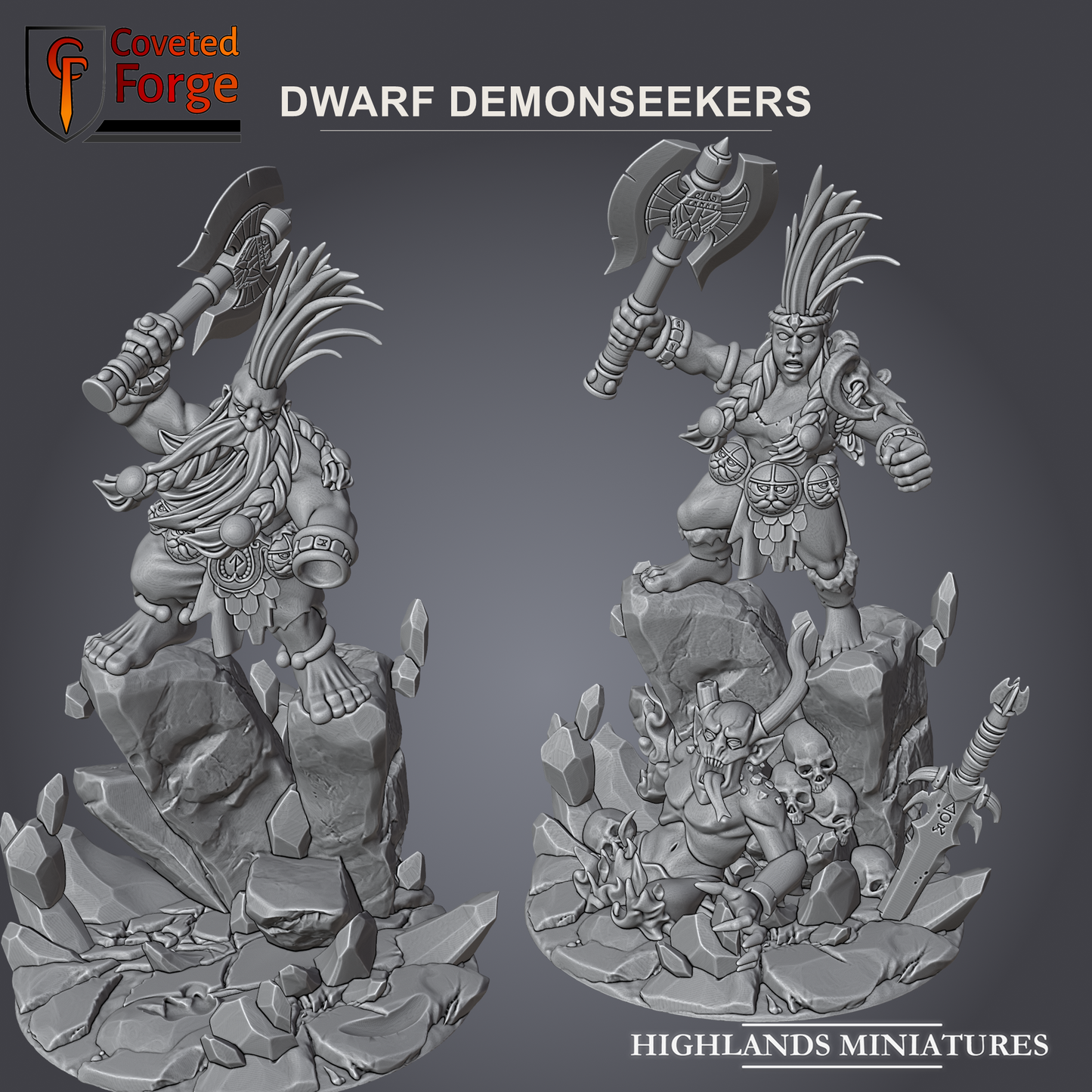 Render of Dwarf Demonseeker Slayer | 32mm Resin Hero | Highlands: A dwarf demon-slayer stands over a slain demon, supplied with his fallen demon, in 32mm and 28mm. 3D printed resin. Old World dwarf proxy.