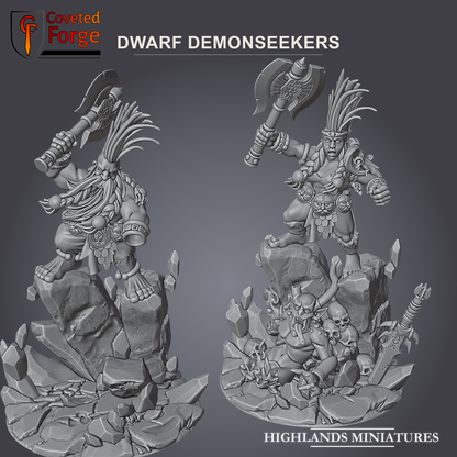 Render of Dwarf Demonseeker Slayer | 32mm Resin Hero | Highlands: A dwarf demon-slayer stands over a slain demon, supplied with his fallen demon, in 32mm and 28mm. 3D printed resin. Old World dwarf proxy.
