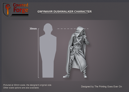 Coveted Forge scale reference: the Gwynavir Duskwalker Character beside a 30mm human silhouette