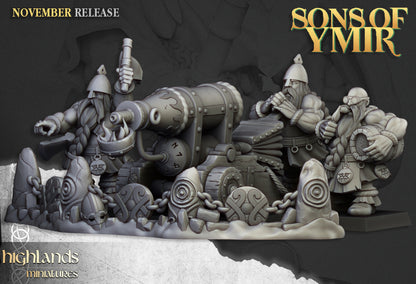 Dwarf Flame Cannon with its crew behind a runed artillery barricade