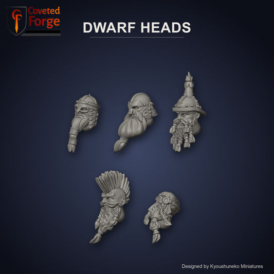 Dwarf Heads by Kyoushuneko Miniatures: one head from each of the 5 styles (Hammerers, Quarrellers and Thunderers, Miners, Slayers and Sky Dwarfs) in warm clay on a dark slate-blue backdrop, unpainted 3D-printed resin heads with neck pegs for 28mm, 32mm and 35mm conversions.