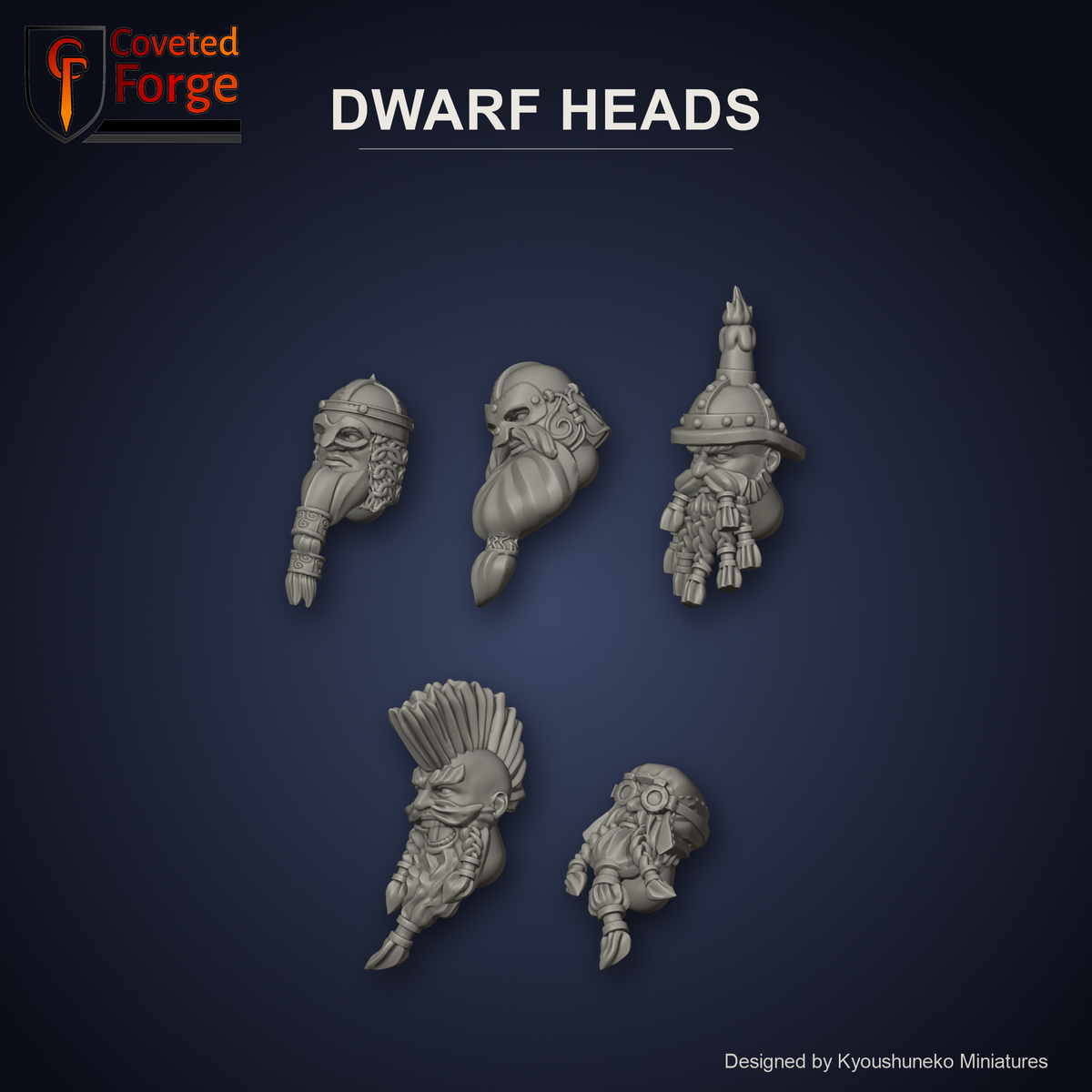 Dwarf Heads by Kyoushuneko Miniatures: one head from each of the 5 styles (Hammerers, Quarrellers and Thunderers, Miners, Slayers and Sky Dwarfs) in warm clay on a dark slate-blue backdrop, unpainted 3D-printed resin heads with neck pegs for 28mm, 32mm and 35mm conversions.