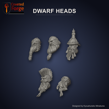 Dwarf Heads by Kyoushuneko Miniatures: one head from each of the 5 styles (Hammerers, Quarrellers and Thunderers, Miners, Slayers and Sky Dwarfs) in warm clay on a dark slate-blue backdrop, unpainted 3D-printed resin heads with neck pegs for 28mm, 32mm and 35mm conversions.