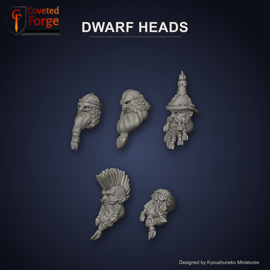 Dwarf Heads by Kyoushuneko Miniatures: one head from each of the 5 styles (Hammerers, Quarrellers and Thunderers, Miners, Slayers and Sky Dwarfs) in warm clay on a dark slate-blue backdrop, unpainted 3D-printed resin heads with neck pegs for 28mm, 32mm and 35mm conversions.