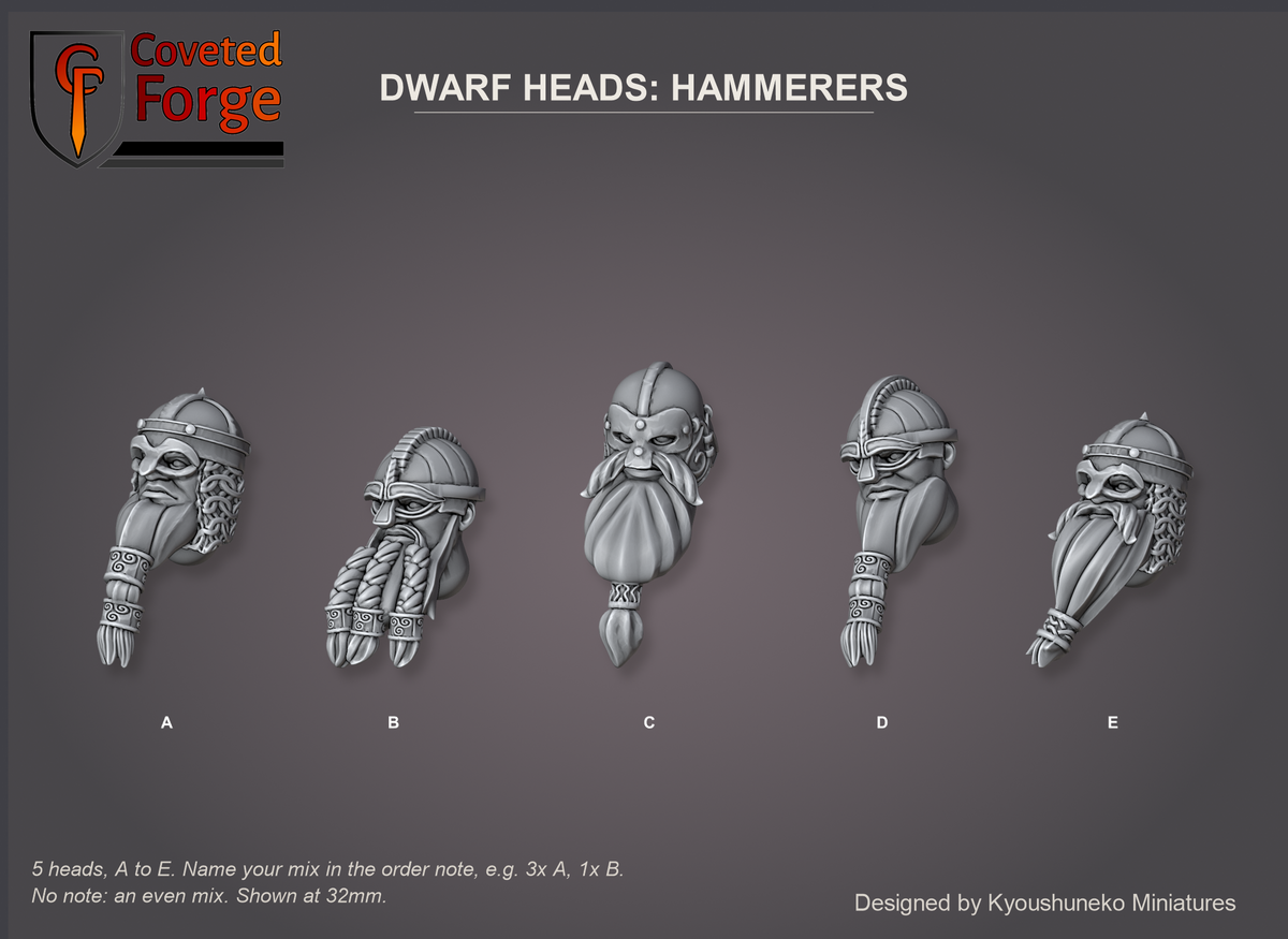 Coveted Forge bits sheet: Heads (1 of 5), Dwarf Heads Hammerers style guide, 5 different heads lettered A to E to name in the order note, shown at 32mm, resin heads with neck pegs by Kyoushuneko Miniatures.