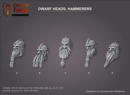 Coveted Forge bits sheet: Heads (1 of 5), Dwarf Heads Hammerers style guide, 5 different heads lettered A to E to name in the order note, shown at 32mm, resin heads with neck pegs by Kyoushuneko Miniatures.