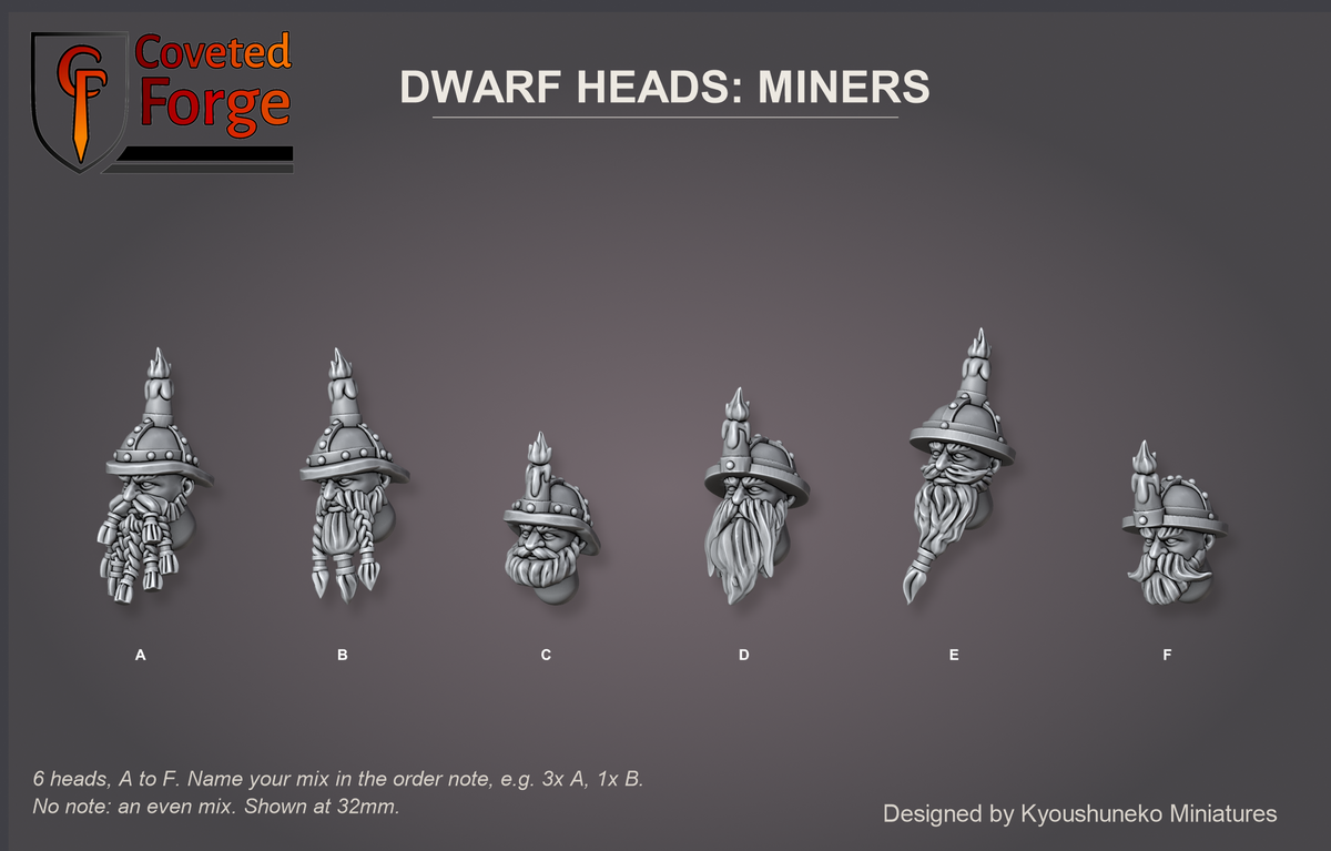 Coveted Forge bits sheet: Heads (3 of 5), Dwarf Heads Miners style guide, 6 different heads lettered A to F to name in the order note, shown at 32mm, resin heads with neck pegs by Kyoushuneko Miniatures.