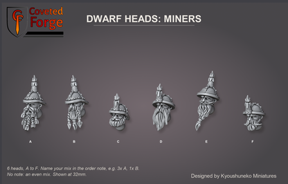 Coveted Forge bits sheet: Heads (3 of 5), Dwarf Heads Miners style guide, 6 different heads lettered A to F to name in the order note, shown at 32mm, resin heads with neck pegs by Kyoushuneko Miniatures.