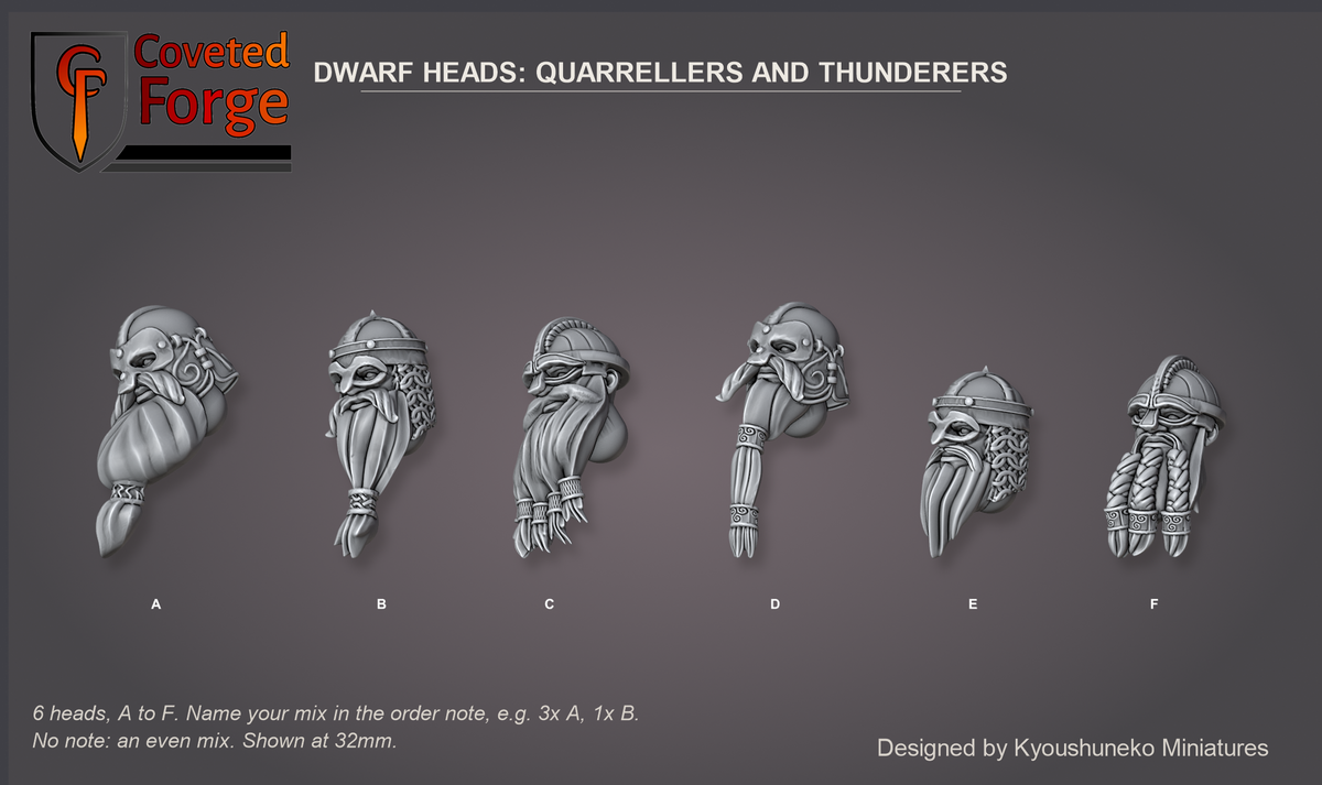 Coveted Forge bits sheet: Heads (2 of 5), Dwarf Heads Quarrellers and Thunderers style guide, 6 different heads lettered A to F to name in the order note, shown at 32mm, resin heads with neck pegs by Kyoushuneko Miniatures.