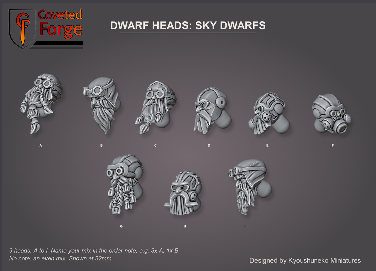Coveted Forge bits sheet: Heads (5 of 5), Dwarf Heads Sky Dwarfs style guide, 9 different heads lettered A to I to name in the order note, shown at 32mm, resin heads with neck pegs by Kyoushuneko Miniatures.
