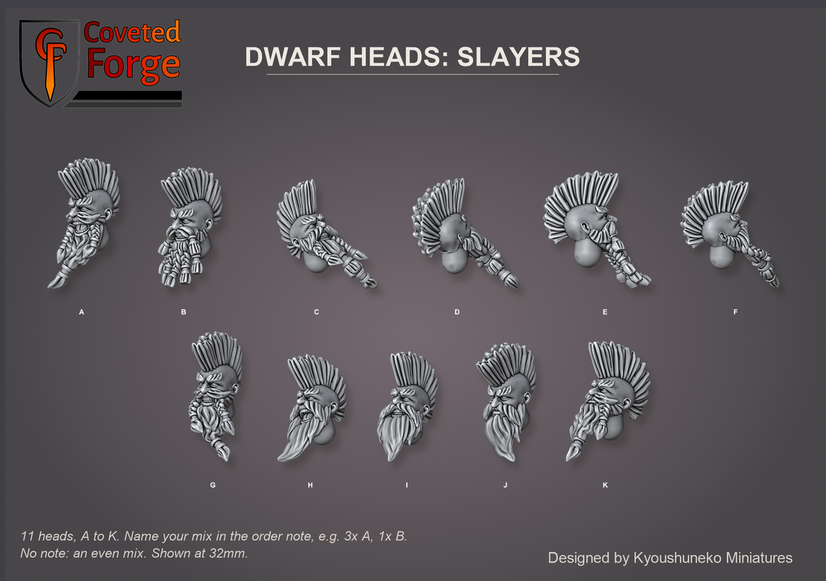 Coveted Forge bits sheet: Heads (4 of 5), Dwarf Heads Slayers style guide, 11 different heads lettered A to K to name in the order note, shown at 32mm, resin heads with neck pegs by Kyoushuneko Miniatures.