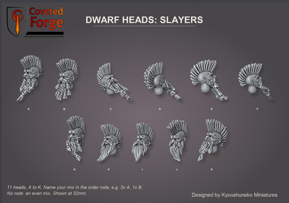 Coveted Forge bits sheet: Heads (4 of 5), Dwarf Heads Slayers style guide, 11 different heads lettered A to K to name in the order note, shown at 32mm, resin heads with neck pegs by Kyoushuneko Miniatures.