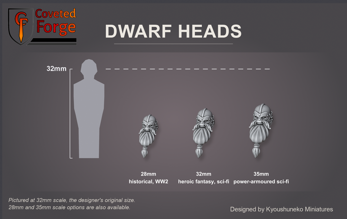 Coveted Forge scale reference: one Dwarf Hammerers head at 28mm, 32mm and 35mm scale beside a 32mm human silhouette, front three-quarter view, each scale labelled with the ranges it suits; 32mm is the designer's original size, a downscaled 28mm option and an upscaled 35mm option are also available; every head style is the same scale.