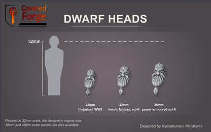 Coveted Forge scale reference: one Dwarf Hammerers head at 28mm, 32mm and 35mm scale beside a 32mm human silhouette, front three-quarter view, each scale labelled with the ranges it suits; 32mm is the designer's original size, a downscaled 28mm option and an upscaled 35mm option are also available; every head style is the same scale.
