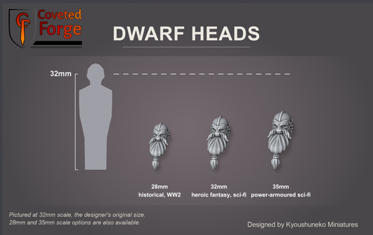 Coveted Forge scale reference: one Dwarf Hammerers head at 28mm, 32mm and 35mm scale beside a 32mm human silhouette, front three-quarter view, each scale labelled with the ranges it suits; 32mm is the designer's original size, a downscaled 28mm option and an upscaled 35mm option are also available; every head style is the same scale.