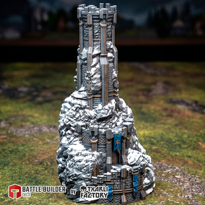 Dwarven Watchtower painted, snow-dusted stone tower on a rock outcrop (Txarli Factory render)