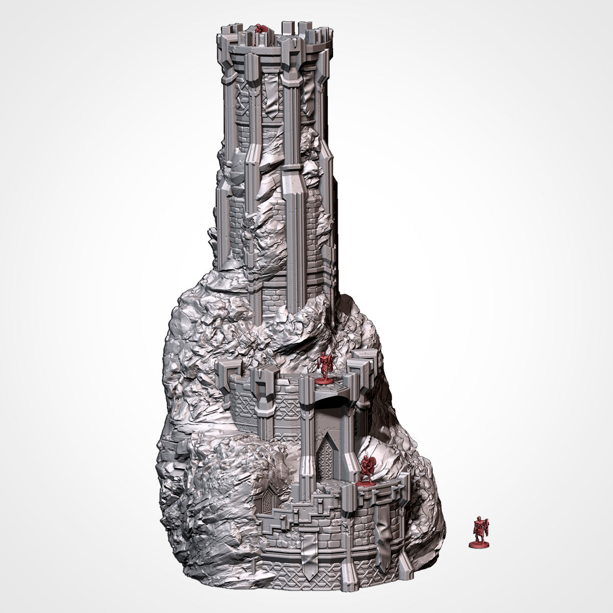 Dwarven Watchtower unpainted, front view with 32mm figures on the ramparts and beside the tower (Txarli Factory render)