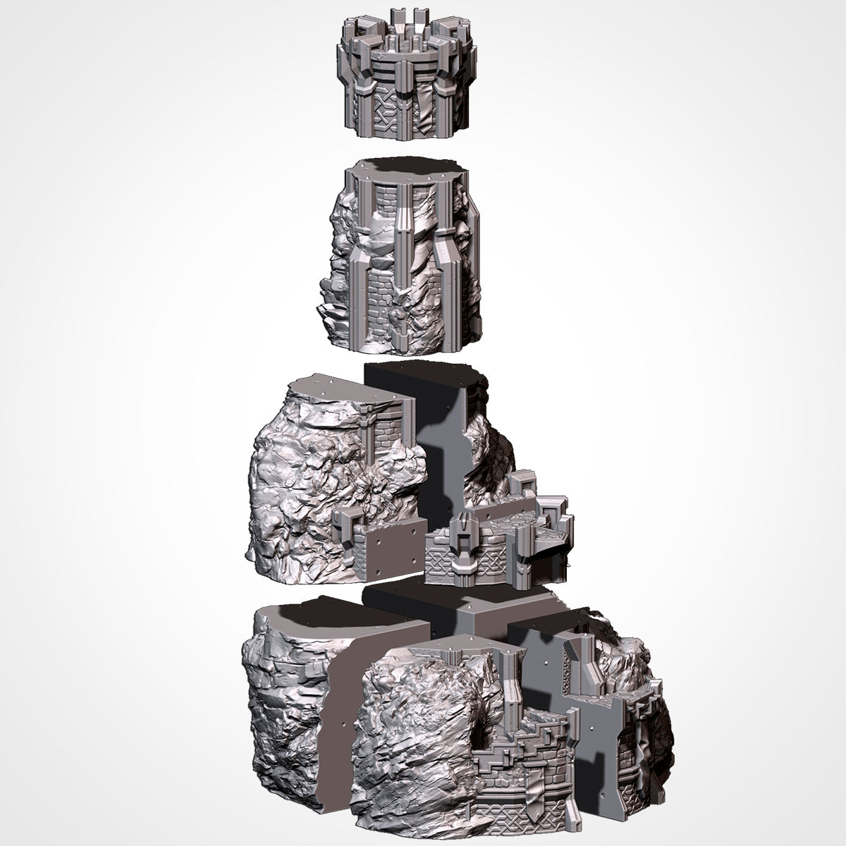 Dwarven Watchtower exploded view: the stacked tiers of print sections (Txarli Factory render)