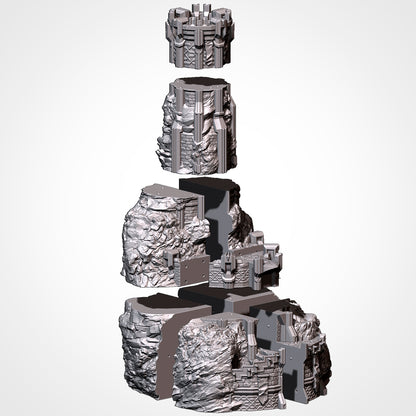 Dwarven Watchtower exploded view: the stacked tiers of print sections (Txarli Factory render)