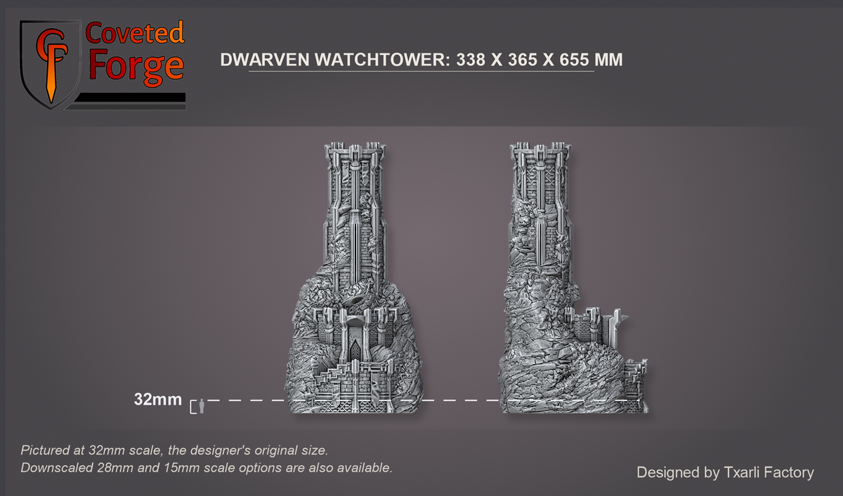 Dwarven Watchtower assembled preview at 32mm, the original scale; downscaled 28mm and 15mm scale options are also available: the whole tower, front view and side view, beside a 32mm figure silhouette; 338 x 365 x 655 mm (Coveted Forge scale render)