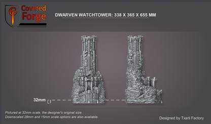 Dwarven Watchtower assembled preview at 32mm, the original scale; downscaled 28mm and 15mm scale options are also available: the whole tower, front view and side view, beside a 32mm figure silhouette; 338 x 365 x 655 mm (Coveted Forge scale render)