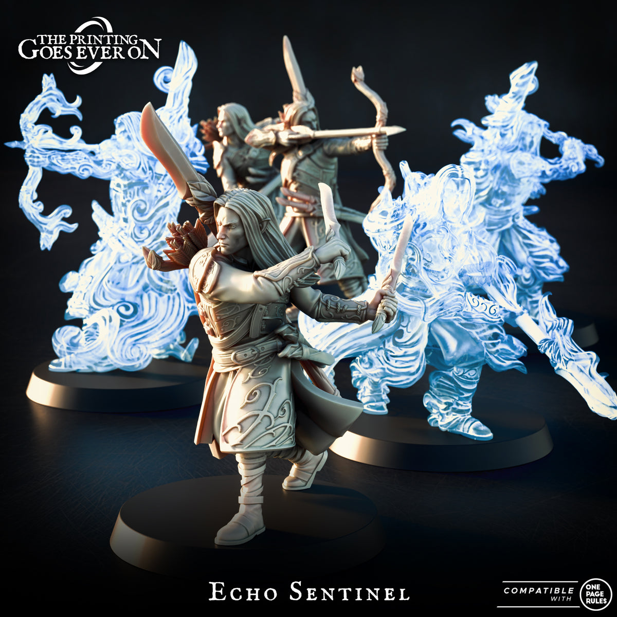 Echo Sentinels, the three fey elf veterans and their three translucent echoes, resin miniatures by The Printing Goes Ever On