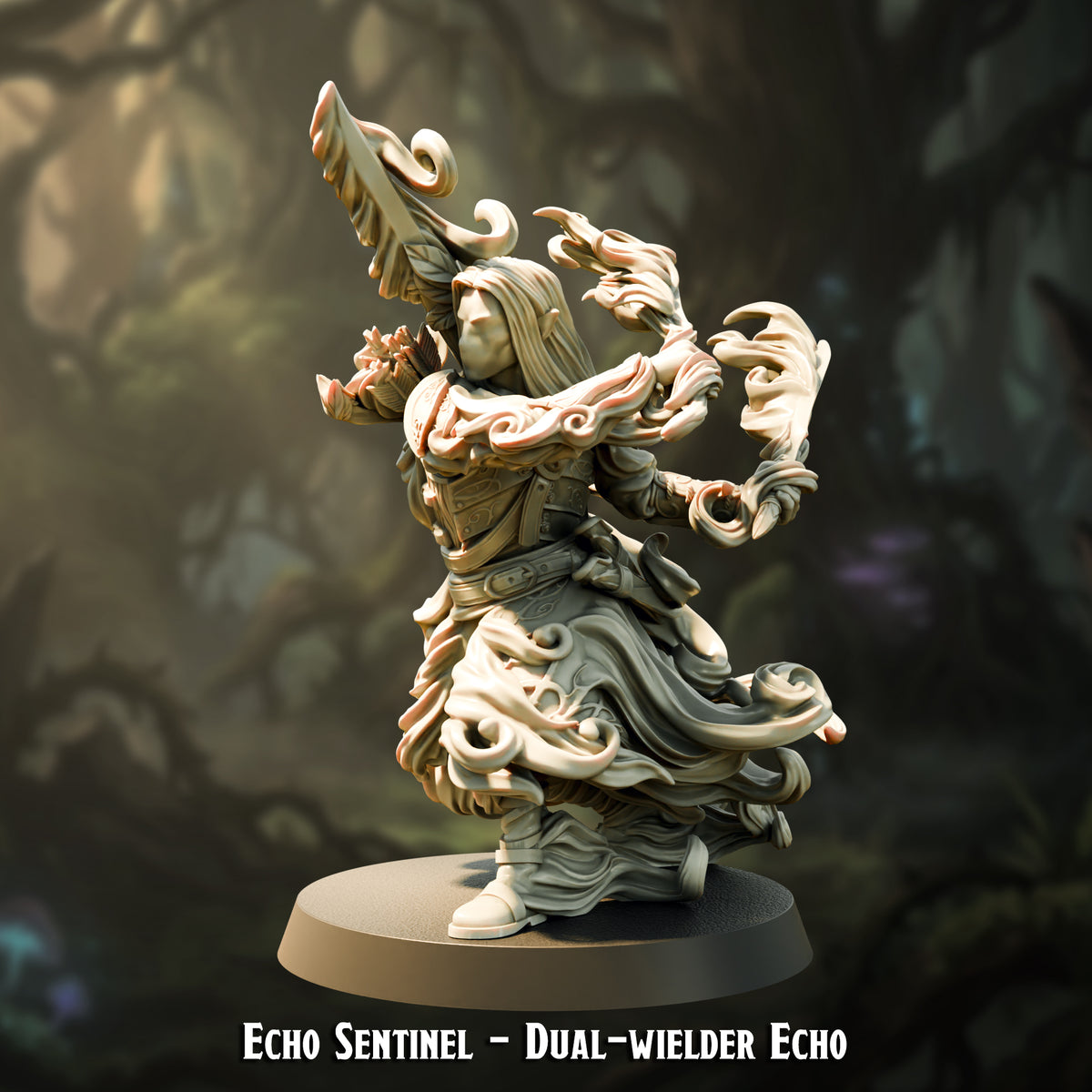 Echo Sentinel Dual-wielder Echo shown opaque, the sculpt as it prints, The Printing Goes Ever On render