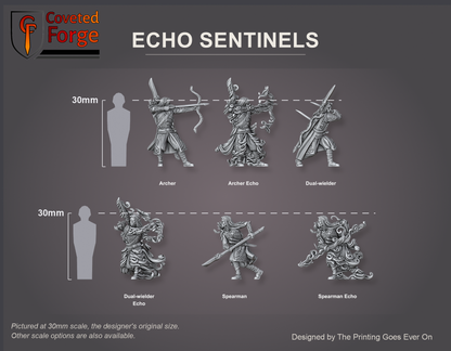 Coveted Forge scale reference: the six Echo Sentinels, Archer, Dual-wielder and Spearman with their Echo counterparts, beside a 30mm human silhouette