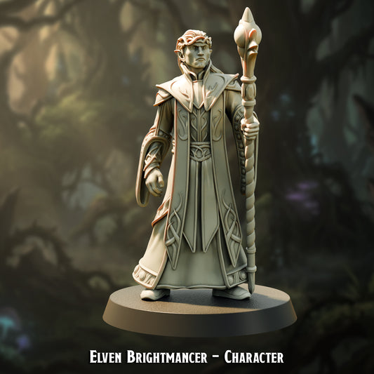 Elven Brightmancer Character, robed elf archmage with a thorn circlet and a tall gem-tipped staff, resin miniature by The Printing Goes Ever On
