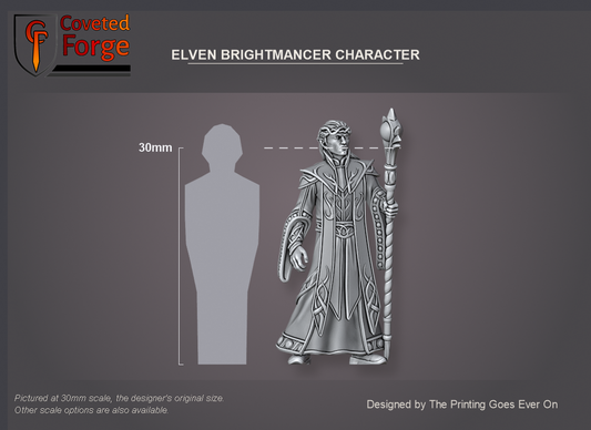 Coveted Forge scale reference: the Elven Brightmancer Character beside a 30mm human silhouette, with a 28mm downscale also available