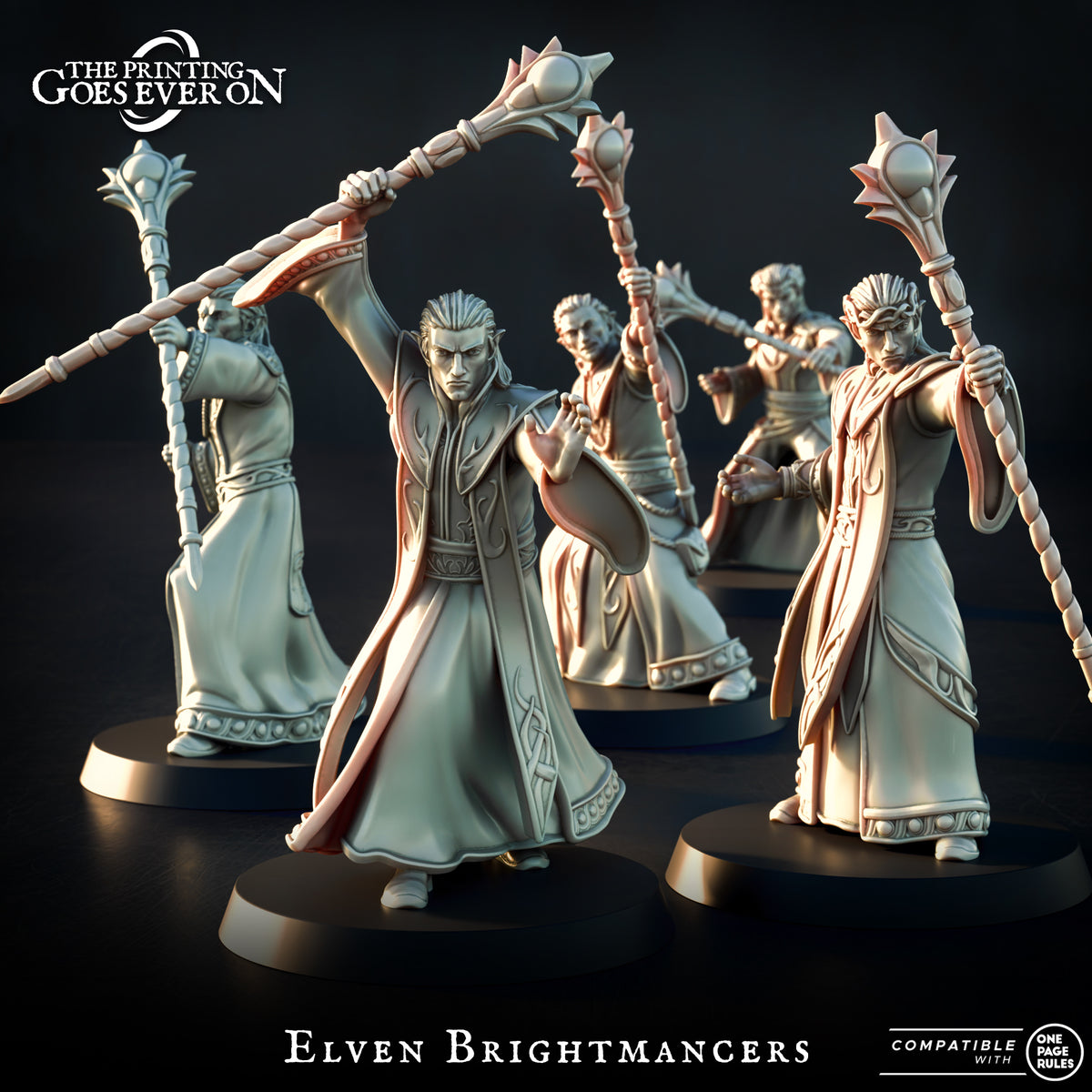Elven Brightmancers, five robed elf mages with gem-tipped staves, resin miniatures by The Printing Goes Ever On