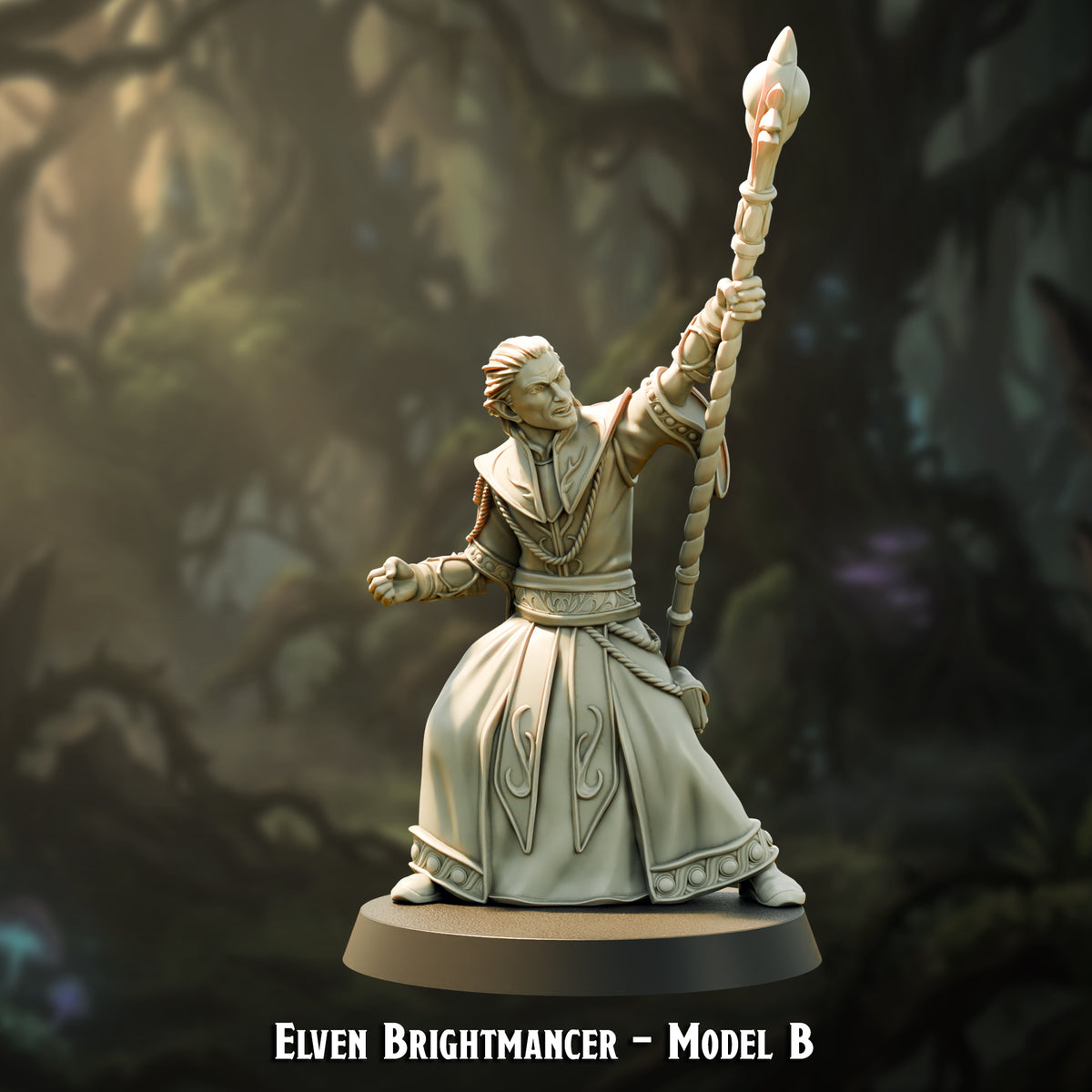 Elven Brightmancer Model B, staff raised overhead, The Printing Goes Ever On render