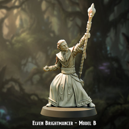 Elven Brightmancer Model B, staff raised overhead, The Printing Goes Ever On render