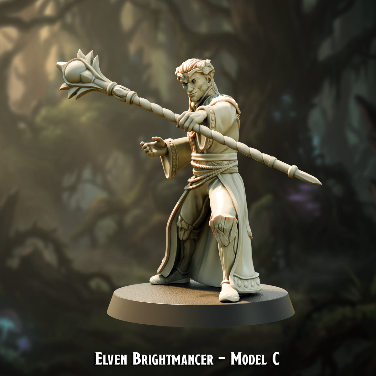 Elven Brightmancer Model C, staff levelled two-handed, The Printing Goes Ever On render