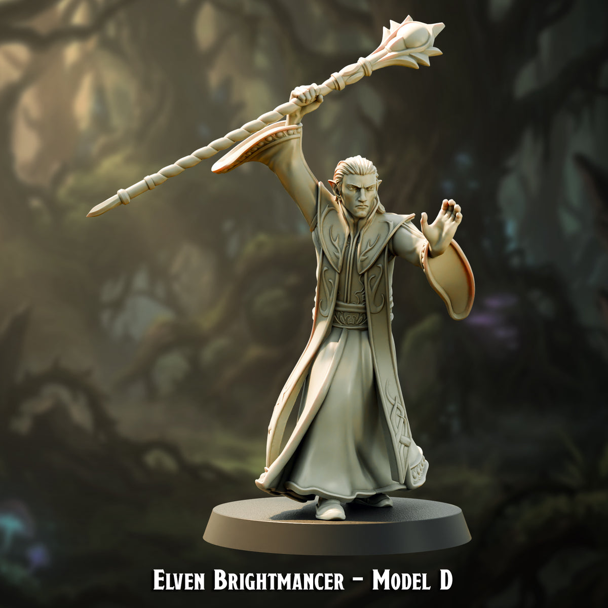 Elven Brightmancer Model D, staff swept high with the free hand open, The Printing Goes Ever On render