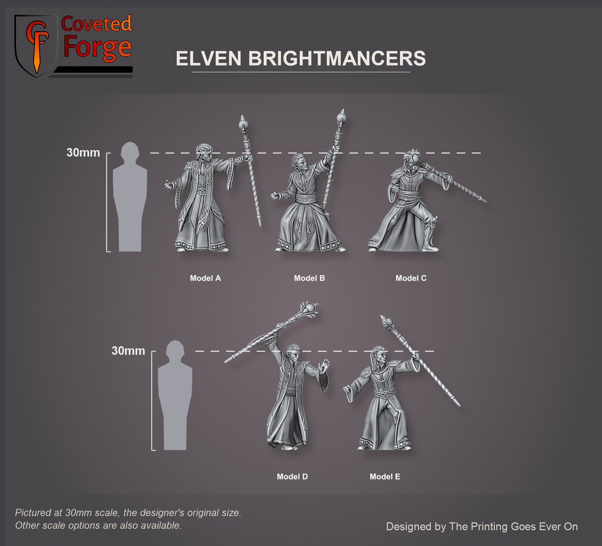 Coveted Forge scale reference: all five Elven Brightmancer sculpts labelled Model A to Model E, side profile, beside a 30mm human silhouette; every model in the set is the same scale, with a 28mm downscale also available