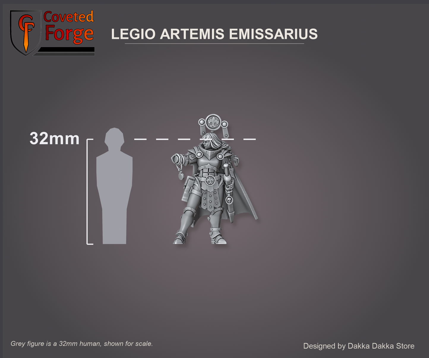 Legio Artemis Emissarius shown beside a 32mm human silhouette for size comparison