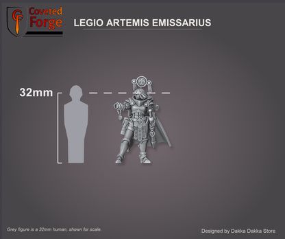Legio Artemis Emissarius shown beside a 32mm human silhouette for size comparison