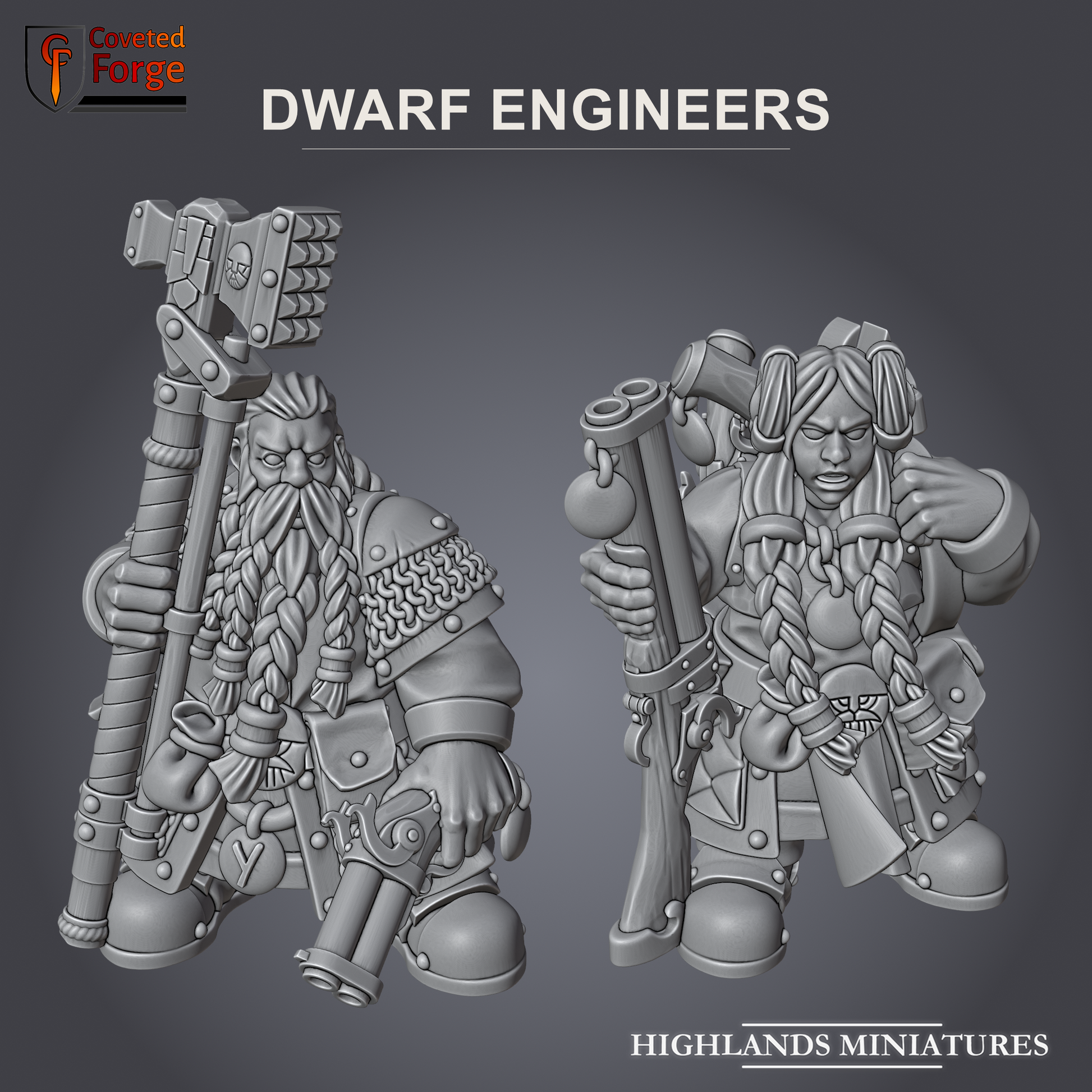 Dwarf Engineers, male and female engineer miniatures