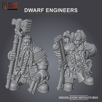 Dwarf Engineers, male and female engineer miniatures